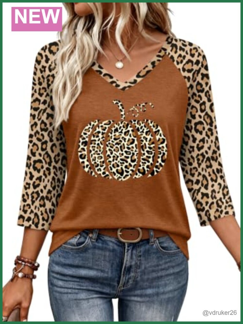 Women's Halloween 3/4 Sleeve V Neck Pumpkin Print Tee Fall Casual Top